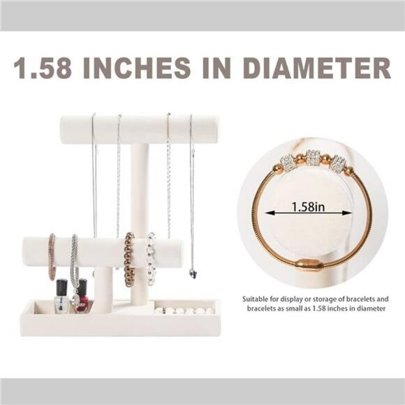 Velvet Jewelry Organizer Stand Bracelet Necklace Holder with Ring Tray Beige - Picture 5 of 8